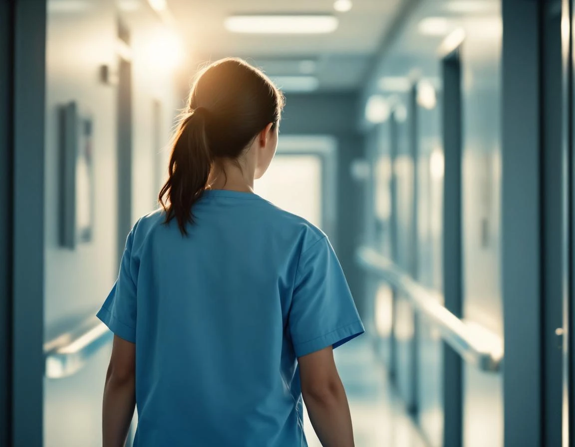 Krankenpfleger in hellblauen Scrubs in einem Krankenhausflur.