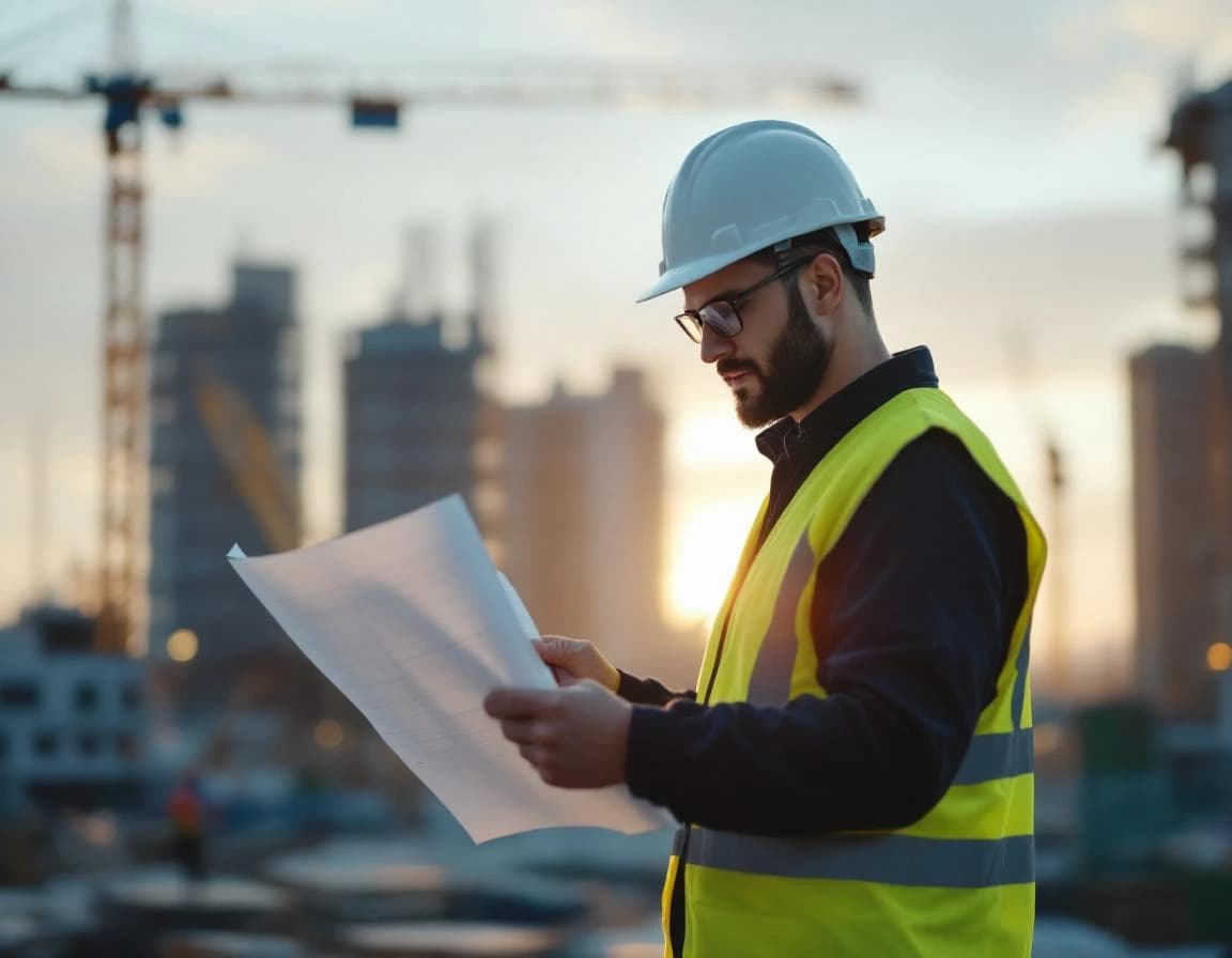 Ingénieur en casque examine des plans techniques sur un chantier.
