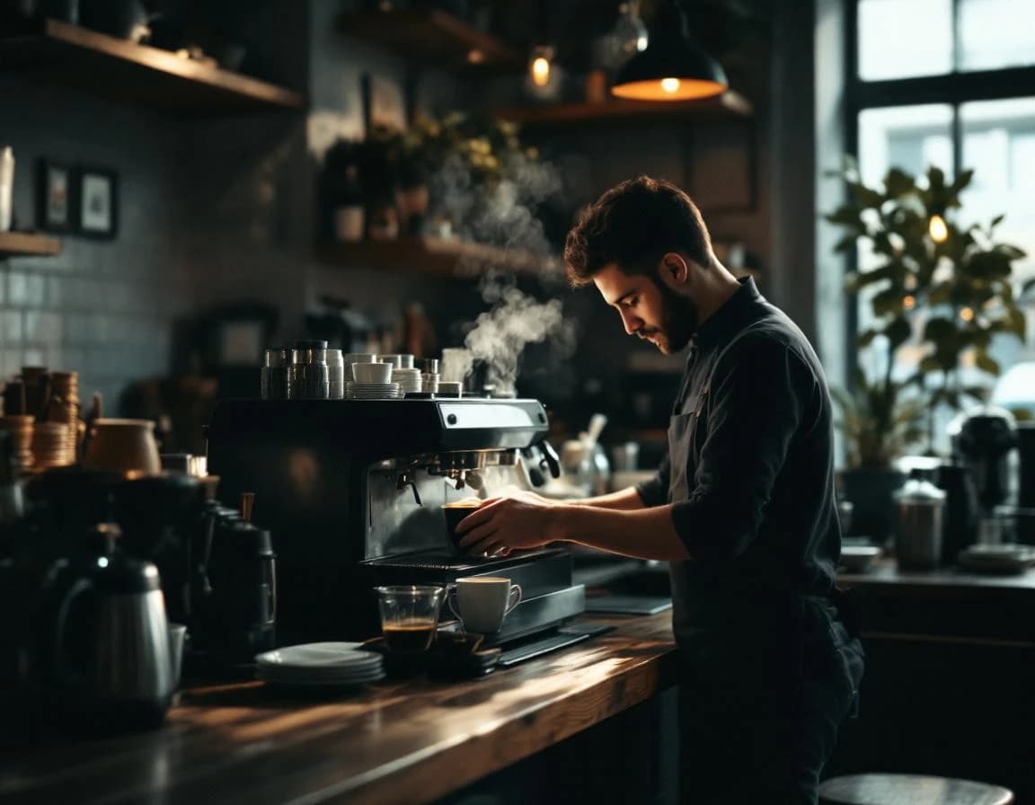 Barista bereitet Kaffee an einer Holztheke zu.