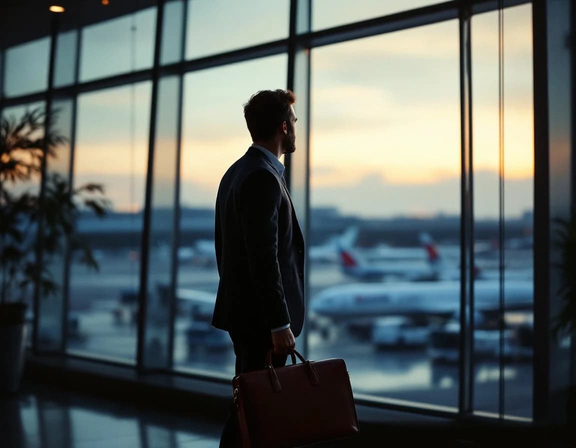 Professionnel dans un salon d'aéroport regarde par la fenêtre les avions.