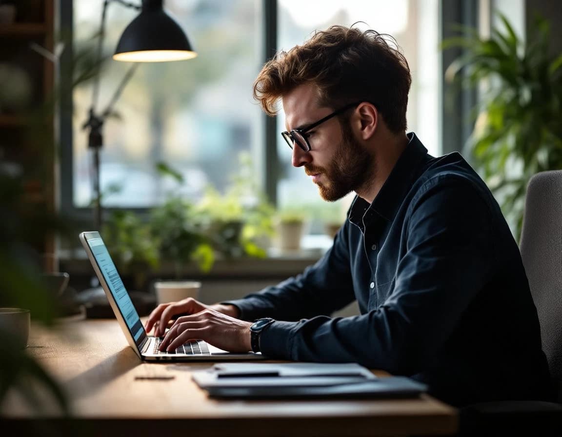 Software-Entwickler konzentriert am Laptop am Fenster.
