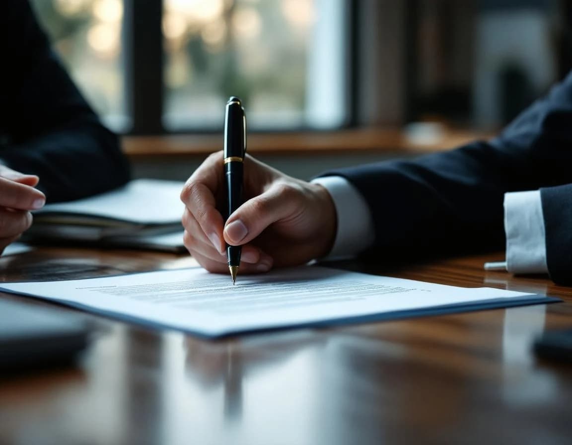 Manos de un profesional revisando un contrato con una pluma estilográfica.