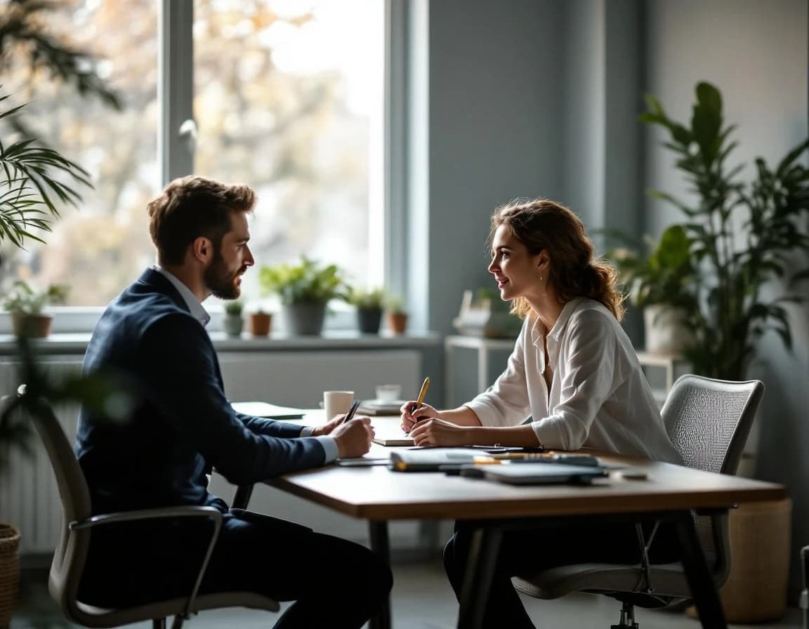 Deux professionnels en conversation à un bureau dans un bureau moderne.