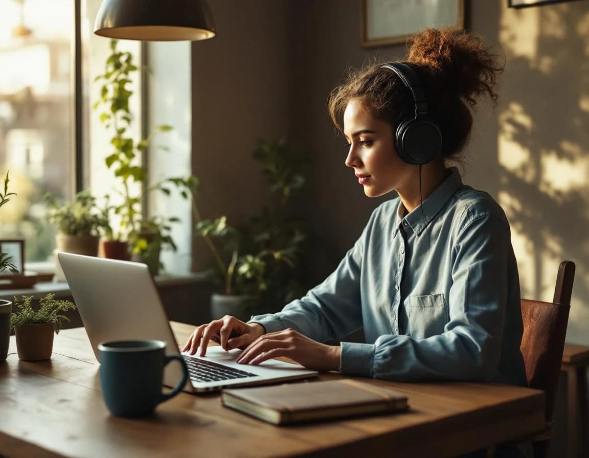 Freelancer at a coworking desk with laptop and coffee.