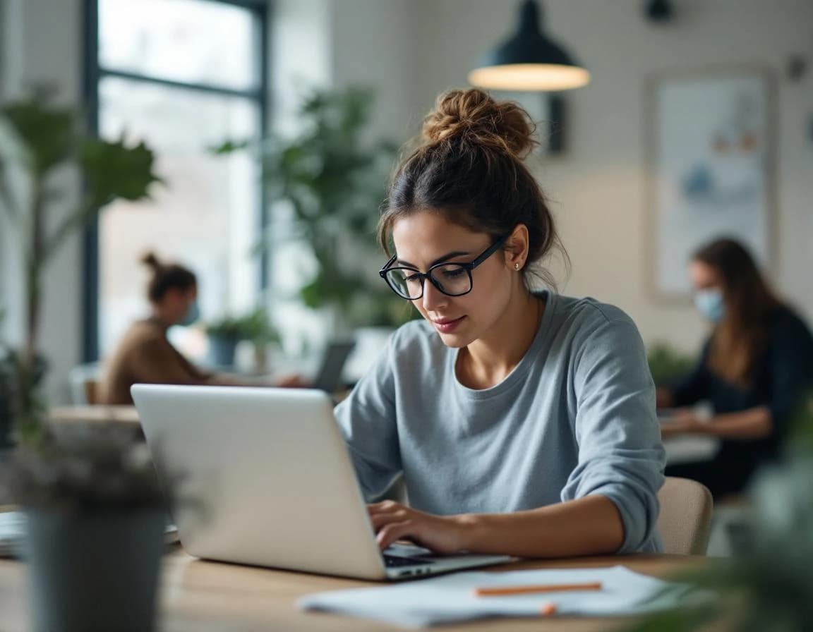 Recruiter am Laptop in einem kompakten modernen Büro mit Team.
